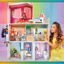 Rainbow High House Playset- 3-Story Wood Doll House (4-ft Tall And 3-FT Wide), Fully Furnished